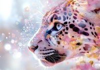 Side profile of spotted leopard with blue eyes against soft pink and purple background with glowing bokeh lights and delicate floral elements creating magical atmosphere.