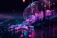 Spilled medicine capsules from glass bottle with glowing neon pink and purple lights, reflective surface creating dramatic pharmaceutical atmosphere.