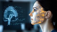 Young woman with glowing orange digital particles on face looking at brain scan hologram. Futuristic medical technology and artificial intelligence concept.