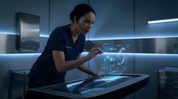 Female healthcare professional using futuristic holographic medical interface technology in modern hospital laboratory environment.