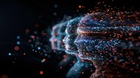 Digital profile silhouette dissolving into glowing particles with blue and orange light effects against dark background, representing artificial intelligence and technology.