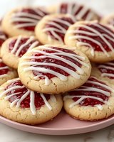 Homemade thumbprint cookies with raspberry jam and white chocolate drizzle arranged on pink plate for holiday baking and dessert photography.