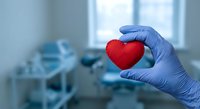 Medical professional in blue gloves holding red heart in hospital room for cardiology healthcare concept and heart disease awareness campaigns.