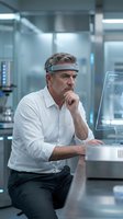 Middle-aged male scientist wearing white shirt and futuristic headset in modern laboratory setting with advanced technology and holographic displays for research and development concepts.