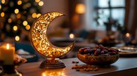 Glowing decorative crescent moon lantern with ornate patterns alongside bowl of dates and almonds on wooden table, warm bokeh lights create Ramadan ambiance.