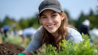 Young Caucasian woman in baseball cap smiling while gardening outdoors, tending to fresh green plants in community garden on sunny summer day, expressing joy and satisfaction.