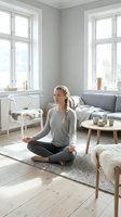 Woman in casual athletic wear meditating on floor in bright Scandinavian living room with gray sofa, wooden furniture, and natural light from large windows. Wellness and mindfulness.