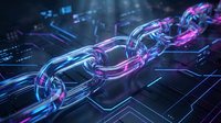 Digital blockchain chain links with glowing neon purple and blue effects on dark technology background for cryptocurrency and security concepts.