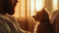 Silhouette of bearded man and small dog sitting together by window in warm sunlight, creating intimate bonding moment between pet owner and companion animal.