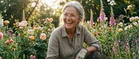 Senior woman with white hair and fair complexion smiling while gardening among pink and purple flowers in sunny garden setting, wearing casual shirt and gloves for horticulture.