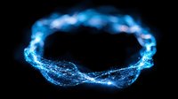 Glowing blue energy ring with luminous particles and light trails floating in darkness against black background, abstract magical circular formation.