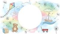 Colorful watercolor children frame with toys, kite, sailboat and dandelions on pastel rainbow background. Perfect for baby shower invitations and kids designs.