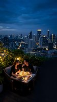 Young Asian couple enjoying a romantic rooftop dinner with glowing city skyline at night, candlelit table, urban luxury dining experience.