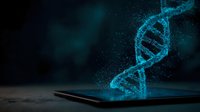 Glowing blue DNA helix emerging from smartphone screen on dark background, representing genetic technology and digital healthcare.