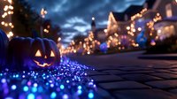 Glowing Halloween pumpkin on cobblestone path with blue lights and festive holiday decorations against blurred houses with warm lighting at dusk.
