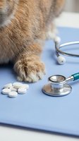 Cat paw near white pills and stethoscope on blue surface, representing veterinary medicine, pet healthcare, animal treatment, and medical examination for domestic cats.