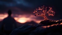 Glowing red bonsai tree on rocky cliff at sunset with silhouette of person watching, mystical fantasy landscape in dark atmospheric lighting.