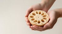 Hands holding round shortbread biscuit with decorative holes, isolated on neutral background. Suitable for food, baking, and culinary design projects.