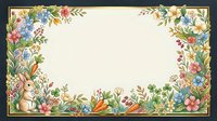 Vintage floral border frame with rabbit, colorful flowers and botanical elements on cream background, isolated design for invitations, cards, and decorative projects.