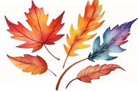 Vibrant watercolor autumn leaves in red, orange and blue tones on white background, isolated botanical elements for seasonal design and decoration purposes.