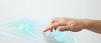 Hand touching holographic swirl interface with light blue digital waves, representing futuristic technology interaction and virtual touchscreen control.