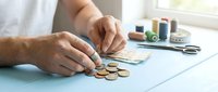 Male hands organizing coins on workspace with sewing supplies and fabric swatches, representing budgeting, savings, crafting costs, and financial planning for hobby projects.