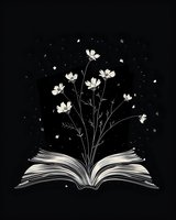 Magical open book with white cosmos flowers growing from pages on black background, delicate petals floating in starry night sky. For book covers and reading concepts.