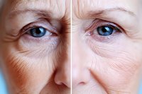Comparison of aging skin showing wrinkles and facial changes before and after treatment, close up view of female eyes with visible skin texture differences.
