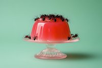 Red gelatin dessert on a glass cake stand covered with black ants on a mint green background, surreal food concept.