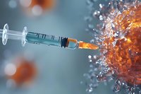 Medical syringe needle injecting vaccine into orange virus cell, close-up view with blurred background showing molecular structure.