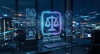 Digital justice scales hologram with legal technology icons floating in futuristic office environment for law firm presentations and legal tech concepts.