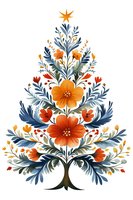 Floral Christmas tree arrangement with orange blossoms and blue leaves forming festive holiday shape. Star topper and brown trunk create folk art style composition.