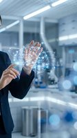 Businessman touching digital brain hologram with glowing neural network connections in modern office environment for artificial intelligence concepts.