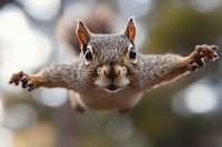 Funny squirrel jumping towards camera with outstretched paws and focused expression against blurred bokeh background, capturing playful wildlife moment in nature.