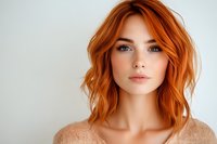 Young woman with vibrant ginger hair and natural makeup wearing beige knit sweater poses against light background, showcasing modern beauty trends.