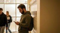 Young bearded man in olive hoodie using smartphone while leaning against white lockers in modern school hallway with natural window lighting.