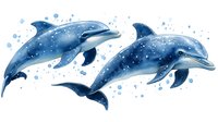 Watercolor dolphins swimming with splashing water drops and sparkles, blue marine mammals in motion against white background, artistic nature illustration.