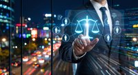 Professional businessman holding glowing digital justice scales with legal icons in modern city office at night for law firm technology concepts.