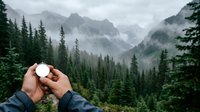 Hands holding snow with misty mountain valley and evergreen forest in background, representing winter exploration and nature discovery.