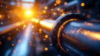 Futuristic tunnel with glowing orange and blue light streaks, bokeh effects and energy particles creating dynamic motion blur for sci-fi concepts.