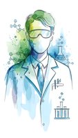 Male scientist in lab coat and safety goggles with molecular structures and test tubes in watercolor style for scientific research and education materials.