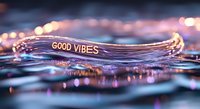 Glowing neon good vibes text on reflective surface with bokeh lights and dreamy purple pink atmosphere creating positive inspirational mood.