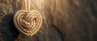 Rope heart shape on wooden background with warm sunlight creating romantic rustic atmosphere for love and relationship concepts.