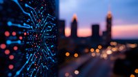 Futuristic technology concept showing circuit pattern against blurred urban skyline with bokeh lights at dusk, combining digital innovation and modern cityscape.
