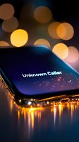 Smartphone screen displaying unknown caller message with blurred bokeh lights in background, creating mysterious atmosphere for concepts of privacy and security.