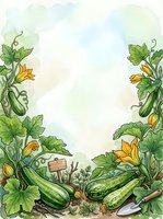 Watercolor garden frame with cucumber plants, yellow flowers, and gardening tools on white background, perfect for agricultural designs, recipe cards, and gardening blogs.