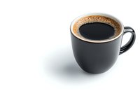 Fresh black coffee with creamy foam in dark ceramic mug isolated on white background. Clean minimalist composition for cafe and restaurant menus.