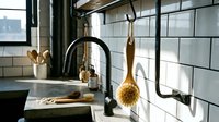 Modern kitchen interior with black faucet, white subway tiles, and hanging wooden utensils creating warm natural lighting atmosphere for home design.