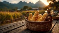 Fresh corn cobs in wicker basket on wooden table at sunset with mountain landscape background for harvest season and farm produce concepts.