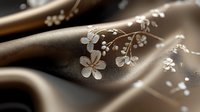 Elegant brown silk fabric with delicate white floral embroidery pattern flowing in soft waves, luxury textile for fashion and interior design projects.